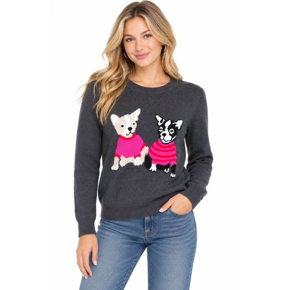 J.Crew Mercantile French Bulldog Teddie Dog Sweater Small Grey Intarsia Crewneck